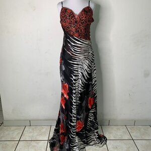 Orna Farho Women's Black Red Animal Print 100% Silk Evening Maxi Gown Size 44